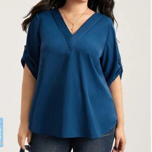 V Neck Plain Pleated Tab Sleeve Blouse